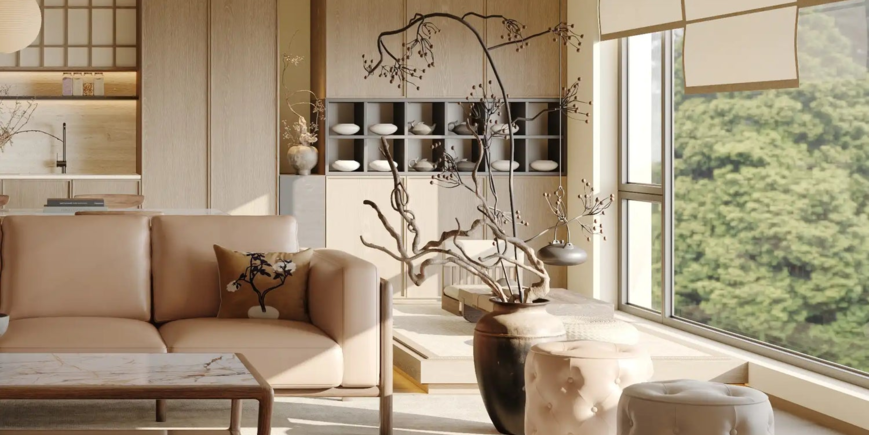 Décoration salon japonisant beige chaud artisanal elementti